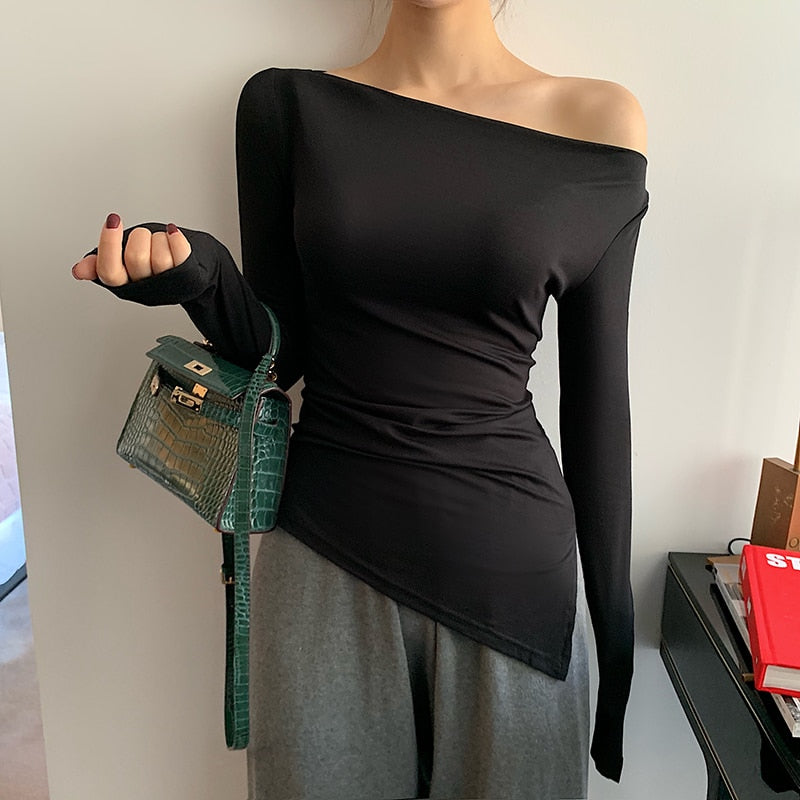 Off-Shoulder Skew Collar Asymmetric Draped Top
