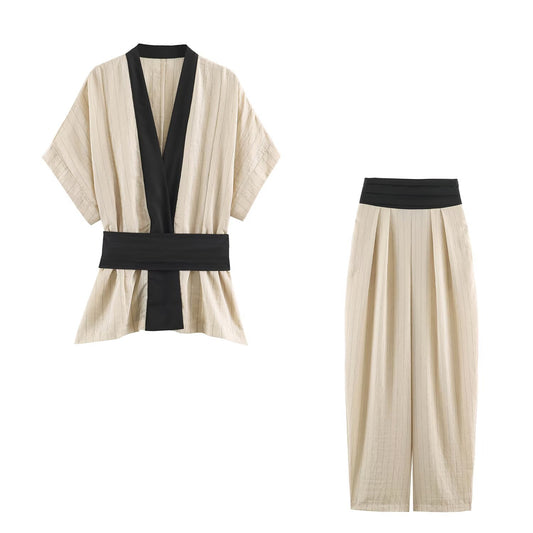 Japanese Kimono-Style Cross Wrap Top & Wide-Leg Trouser Set