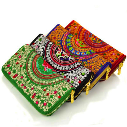 Vintage Ethnic Floral Embroidered Long Zipper Wallet