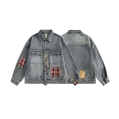 Rust Blue Plaid Patchwork Washed Denim Jacket