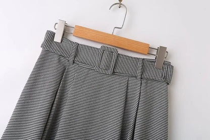 Houndstooth Mock-Neck Blouse & A-Line Belted Skirt Set