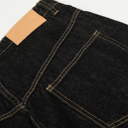 Asymmetric Metal Buckle Wide-Leg Black Jeans
