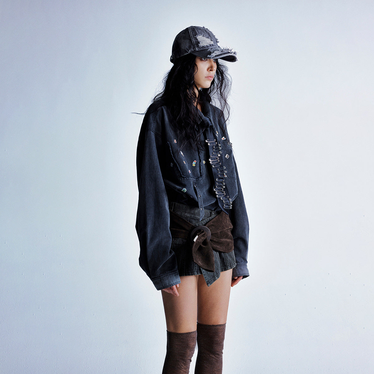 Dark Gray Pin-Embellished Washed Denim Jacket