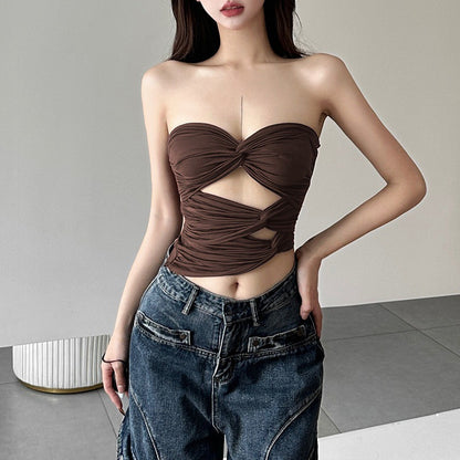 Twisted Front Pleated Cut-Out Crop Top