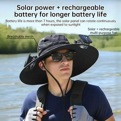 Dual Solar-Powered Fan Wide-Brim Safari Hat