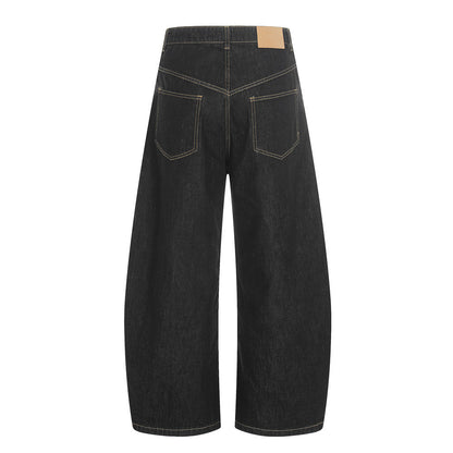Asymmetric Metal Buckle Wide-Leg Black Jeans