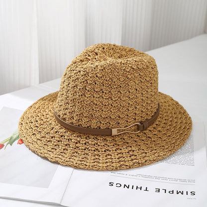 Hand-Woven Straw Fedora Sun Hat with Leatherette Band