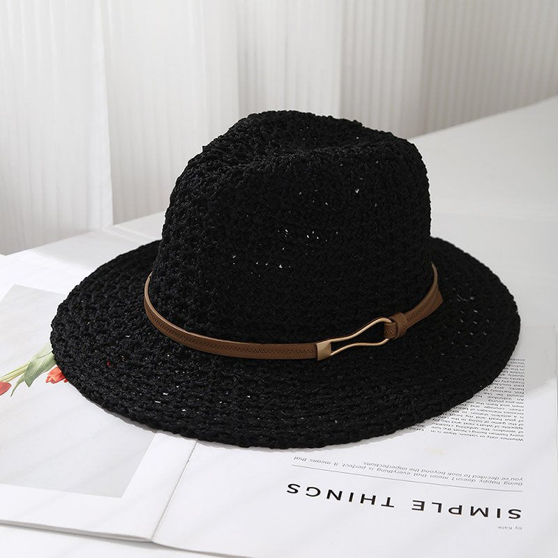 Hand-Woven Straw Fedora Sun Hat with Leatherette Band