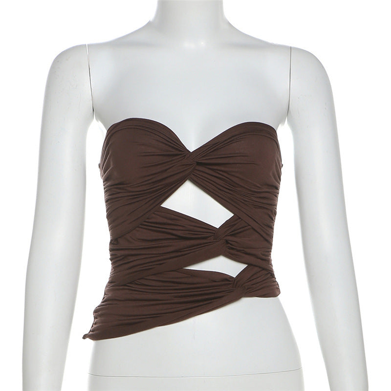 Twisted Front Pleated Cut-Out Crop Top