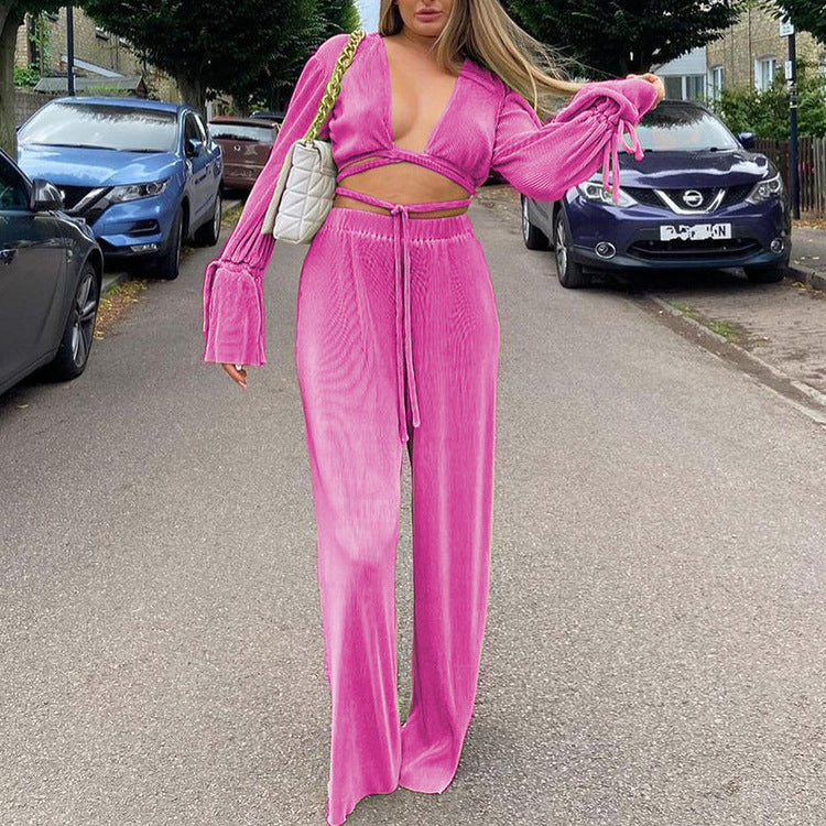 Pleated Tie-Wrap Crop Top & High-Waist Wide-Leg Pants Set