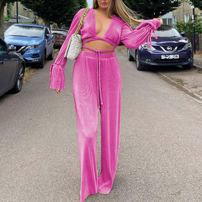 Pleated Tie-Wrap Crop Top & High-Waist Wide-Leg Pants Set