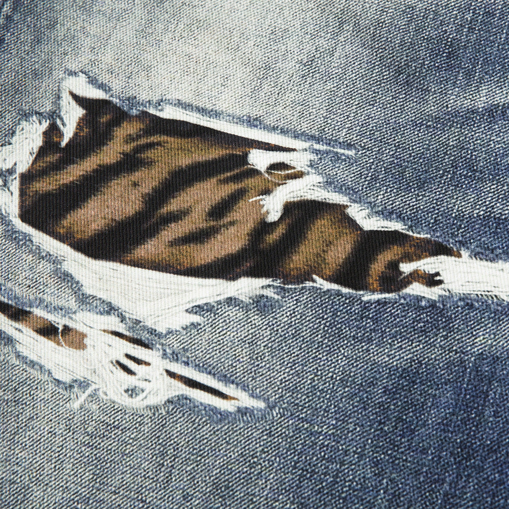Distressed Tiger-Patch Wide-Leg Denim Jeans