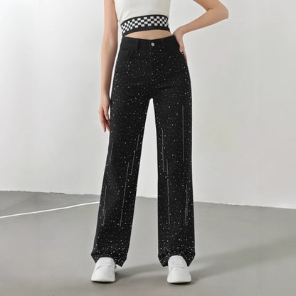 Sparkling Rhinestone High-Waist Wide-Leg Jeans
