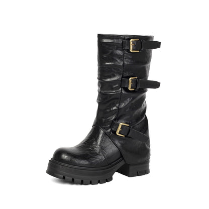 Triple Buckle Slouchy Platform Biker Boots