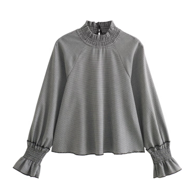 Houndstooth Mock-Neck Blouse & A-Line Belted Skirt Set