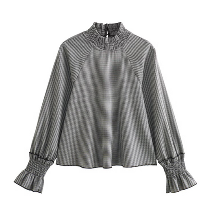 Houndstooth Mock-Neck Blouse & A-Line Belted Skirt Set