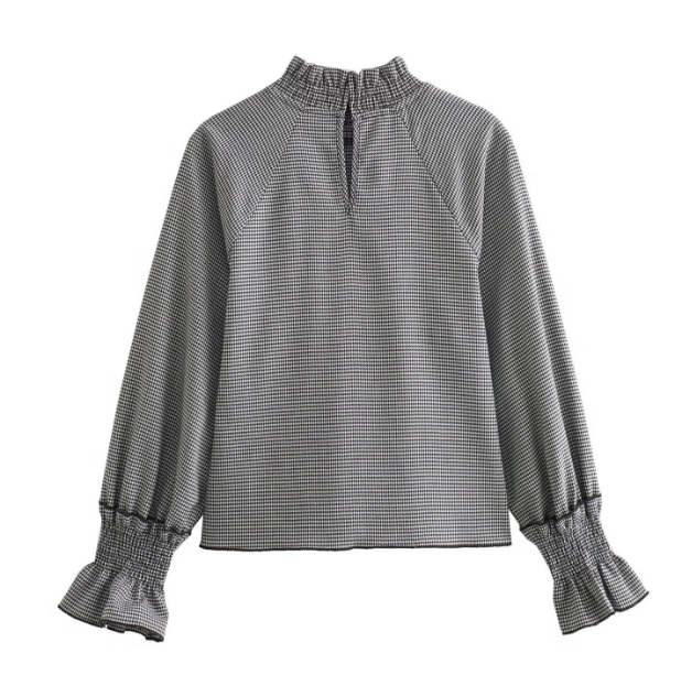 Houndstooth Mock-Neck Blouse & A-Line Belted Skirt Set