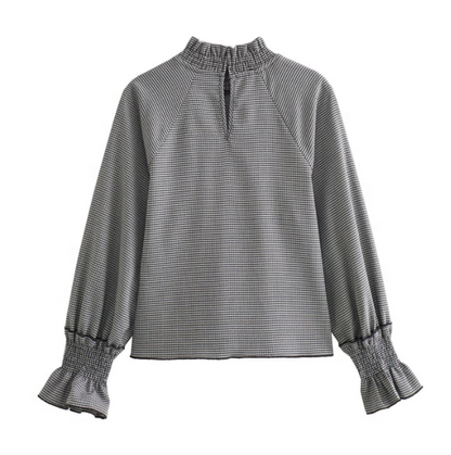 Houndstooth Mock-Neck Blouse & A-Line Belted Skirt Set