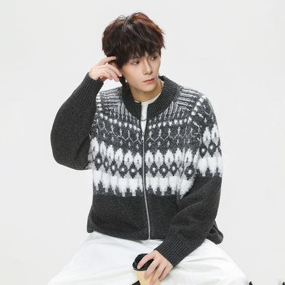 Vintage Fair Isle Full-Zip Knit Cardigan Jacket